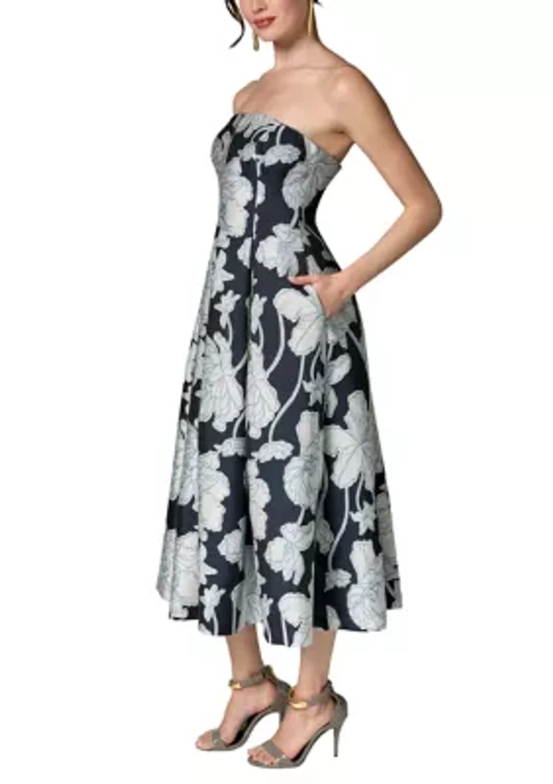 Women's Strapless Floral Tea Length Dress