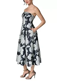 Women's Strapless Floral Tea Length Dress