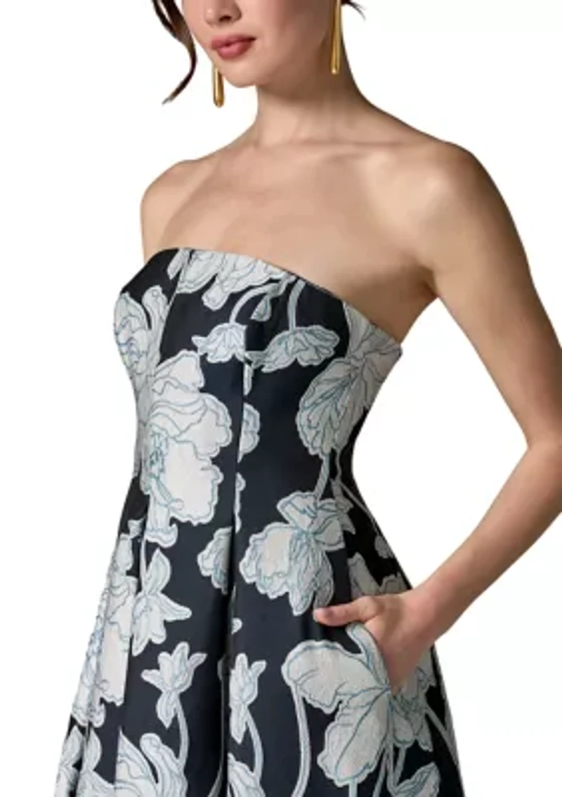 Women's Strapless Floral Tea Length Dress