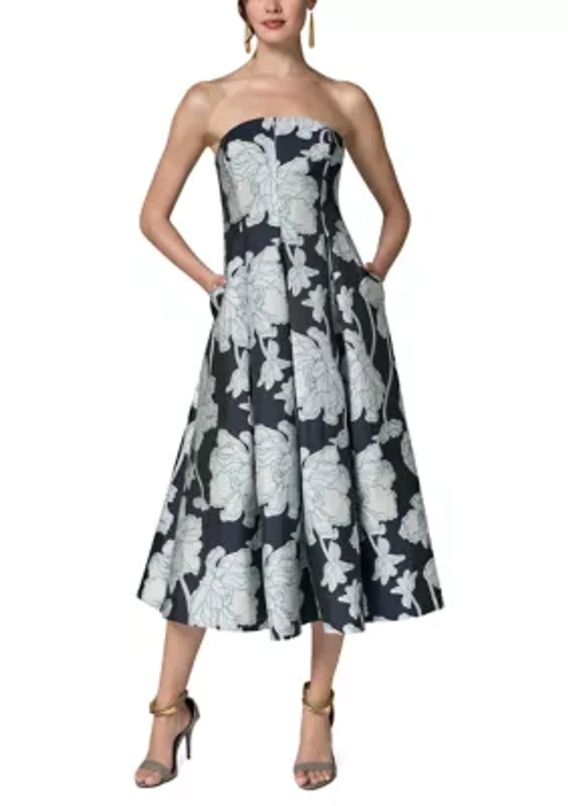 Women's Strapless Floral Tea Length Dress