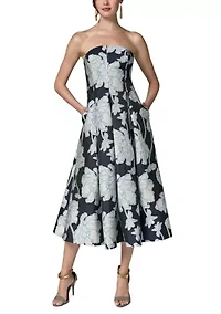 Women's Strapless Floral Tea Length Dress