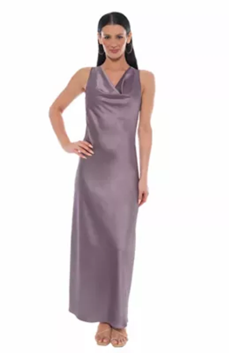 Front Neck Cowl Sleeveless Stretch Satin Maxi Dress