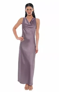 Front Neck Cowl Sleeveless Stretch Satin Maxi Dress