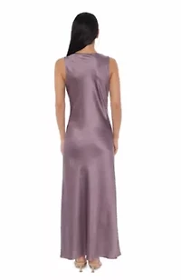 Front Neck Cowl Sleeveless Stretch Satin Maxi Dress