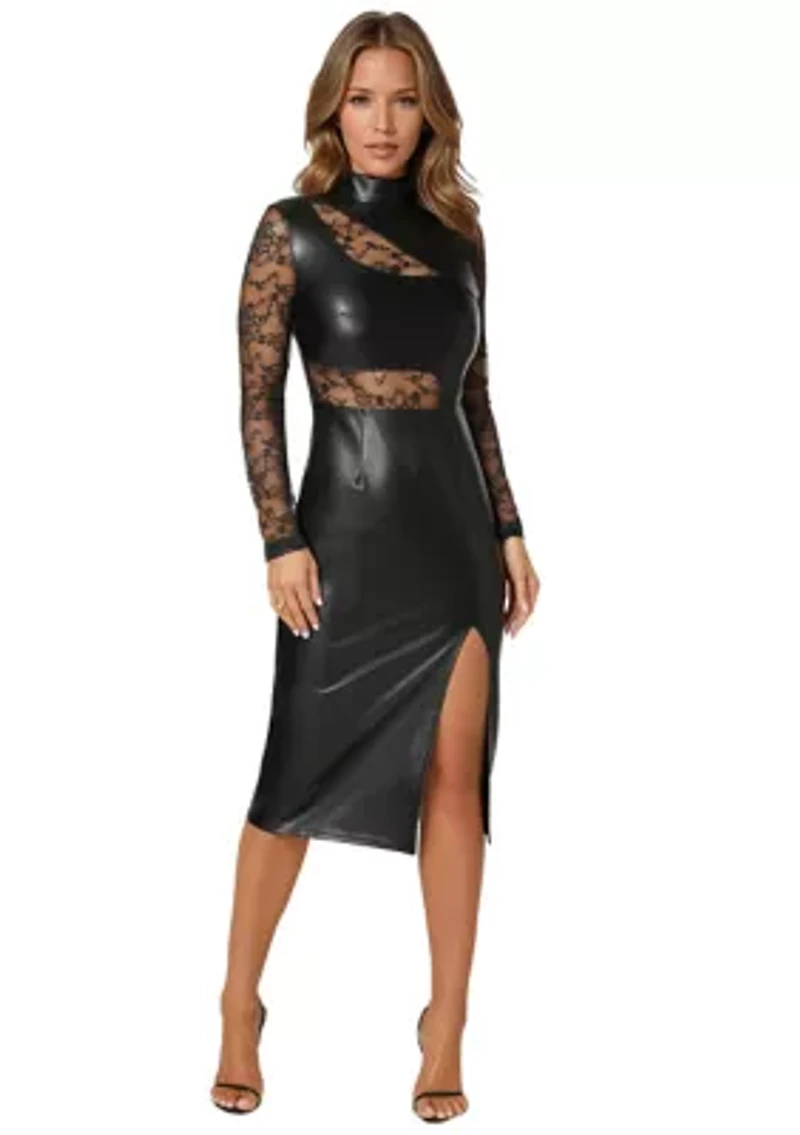 Faux Leather Lace Illusion Midi Dress