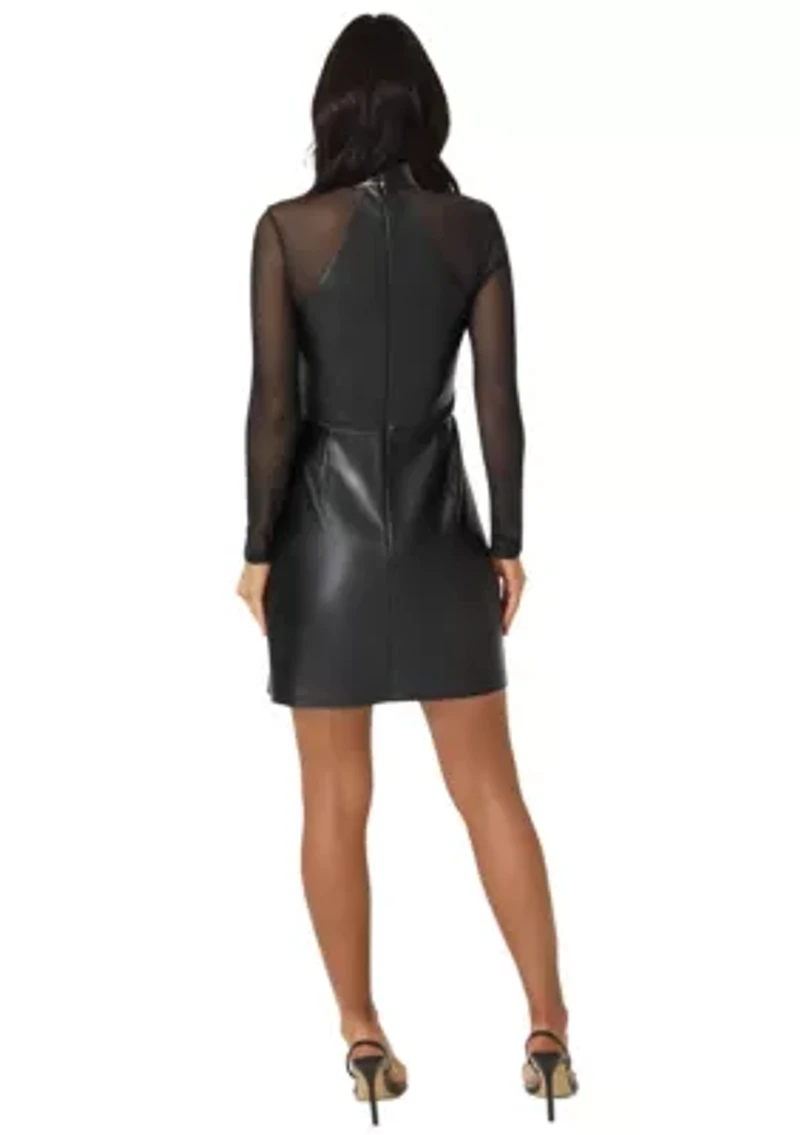 Faux Leather and Mesh Mock Neck Mini Dress