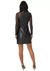 Faux Leather and Mesh Mock Neck Mini Dress