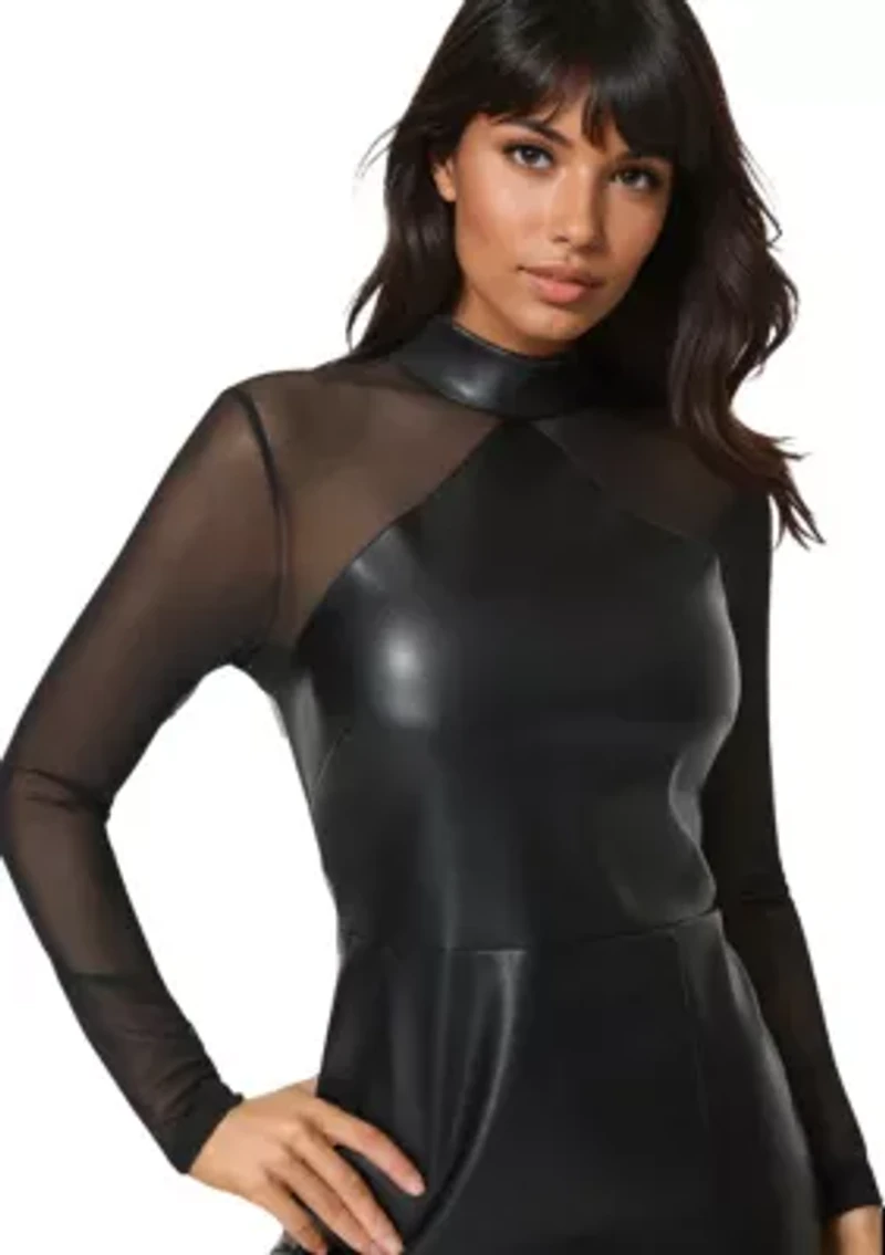 Faux Leather and Mesh Mock Neck Mini Dress