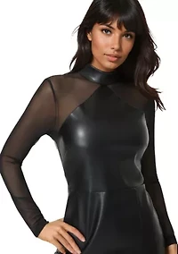 Faux Leather and Mesh Mock Neck Mini Dress