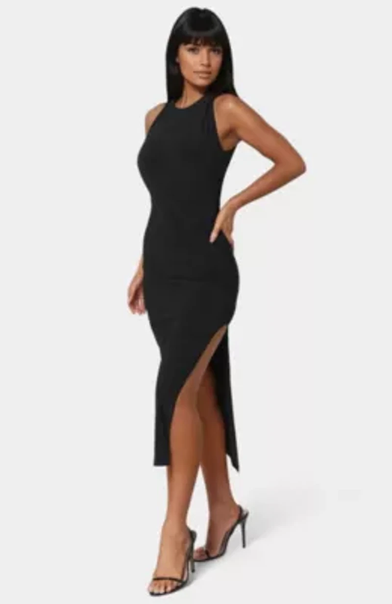 HIGH NECK COWL MAXI WITH SLIT DRESS