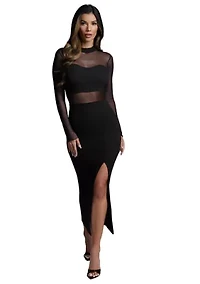 Rib Mock Neck Maxi Dress with Powermesh