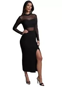 Rib Mock Neck Maxi Dress with Powermesh
