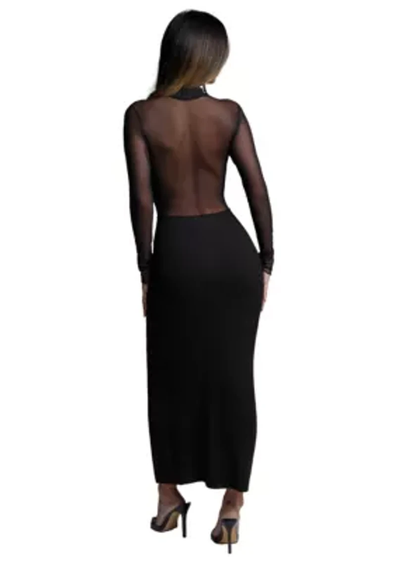 Rib Mock Neck Maxi Dress with Powermesh
