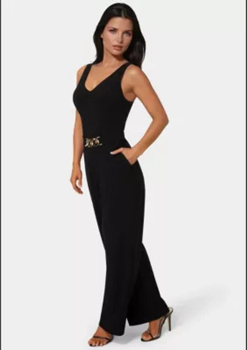 Scuba Crepe V-Neck Jumpsuit with Belt