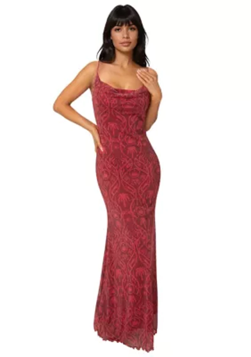 Printed Mesh Cowl Gown
