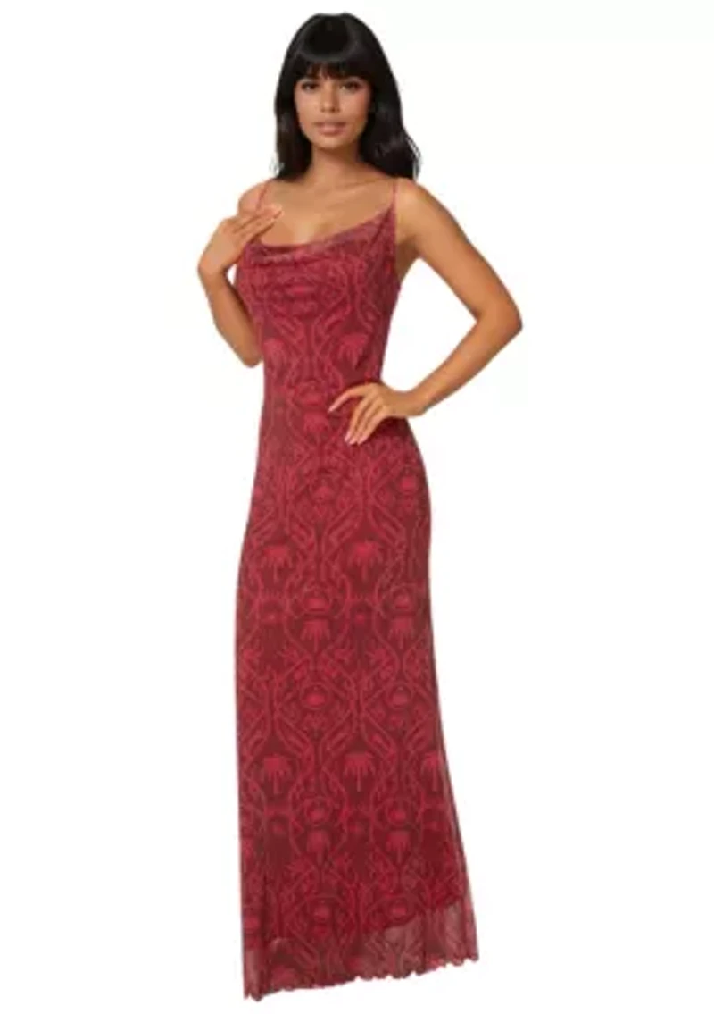 Printed Mesh Cowl Gown