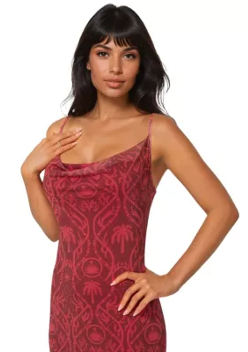 Printed Mesh Cowl Gown