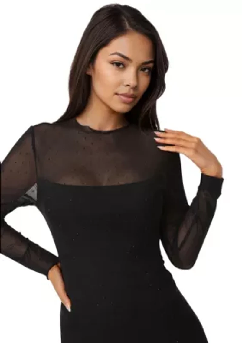 Rhinestone Mesh Long Sleeve Maxi Dress