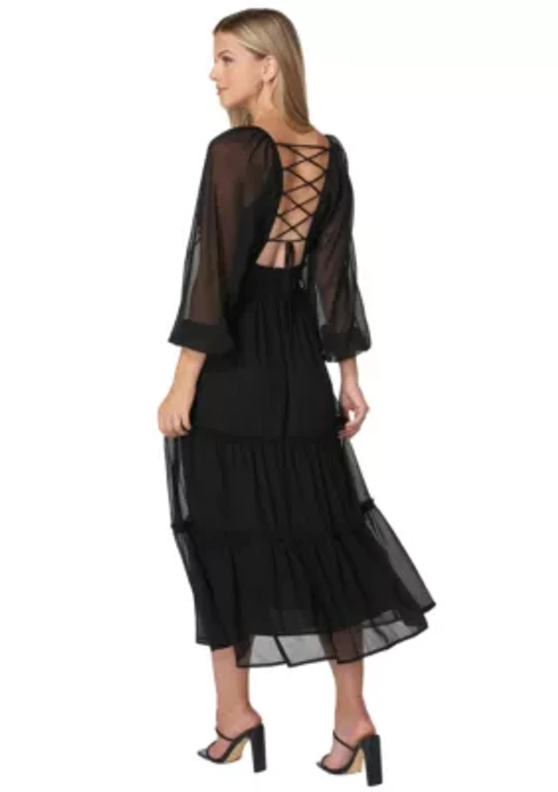 LACE UP BACK CHIFFON MIDI DRESS