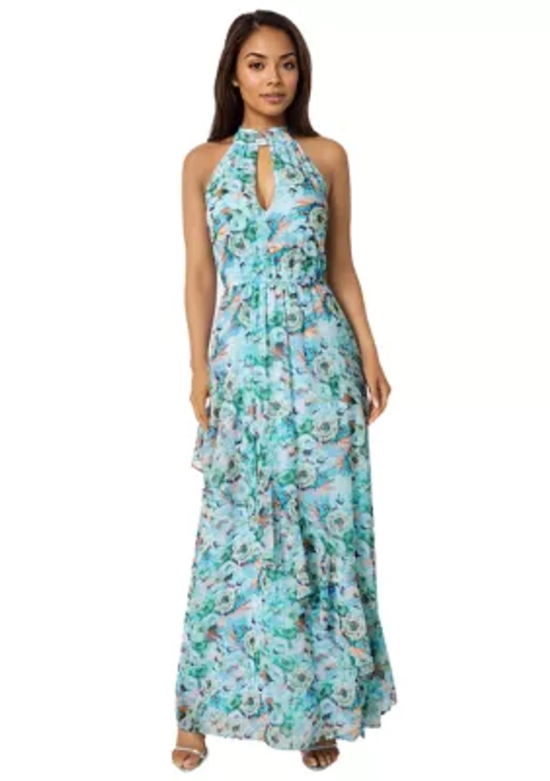 Printed Chiffon Halter Ruffle Dress