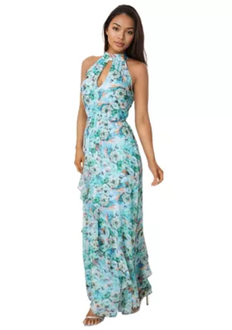 Printed Chiffon Halter Ruffle Dress