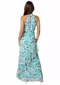 Printed Chiffon Halter Ruffle Dress