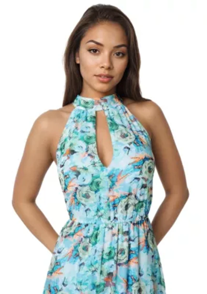 Printed Chiffon Halter Ruffle Dress