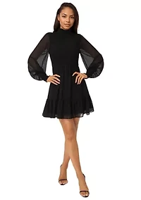 Mock Neck Chiffon Smocked Mini Dress
