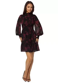 Mock Neck Chiffon Smocked Mini Dress
