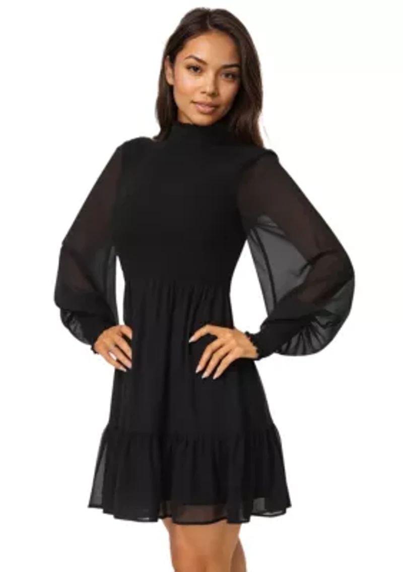 Mock Neck Chiffon Smocked Mini Dress