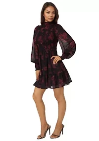 Mock Neck Chiffon Smocked Mini Dress