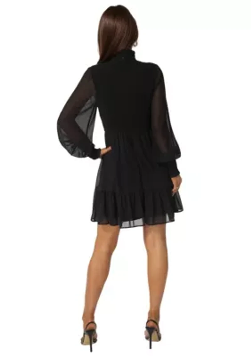 Mock Neck Chiffon Smocked Mini Dress