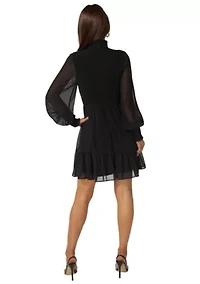 Mock Neck Chiffon Smocked Mini Dress