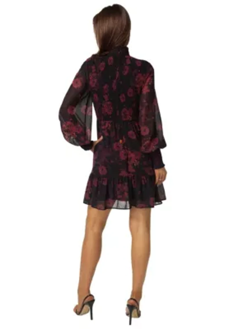 Mock Neck Chiffon Smocked Mini Dress