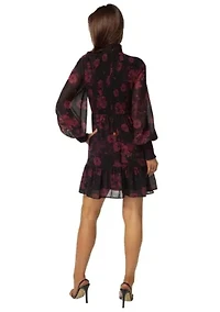 Mock Neck Chiffon Smocked Mini Dress