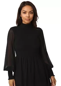 Mock Neck Chiffon Smocked Mini Dress