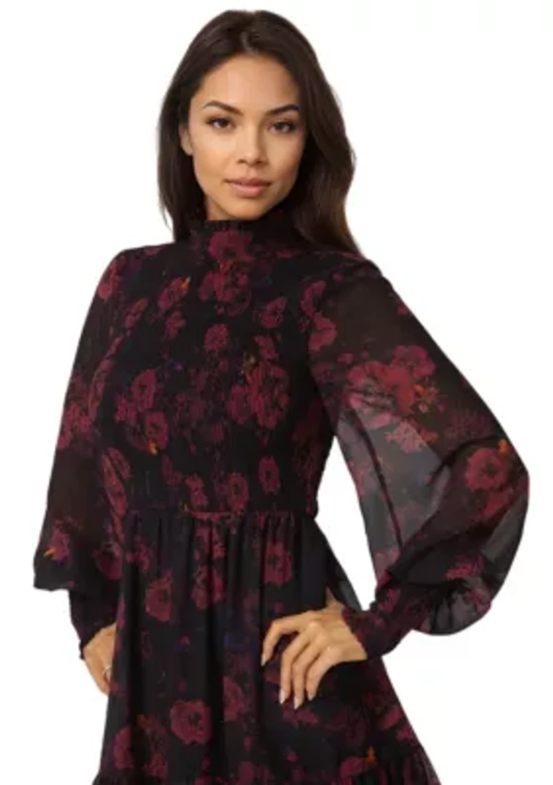 Mock Neck Chiffon Smocked Mini Dress