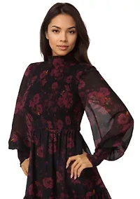 Mock Neck Chiffon Smocked Mini Dress