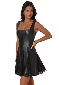 Faux Leather Lace Inset Flare Dress