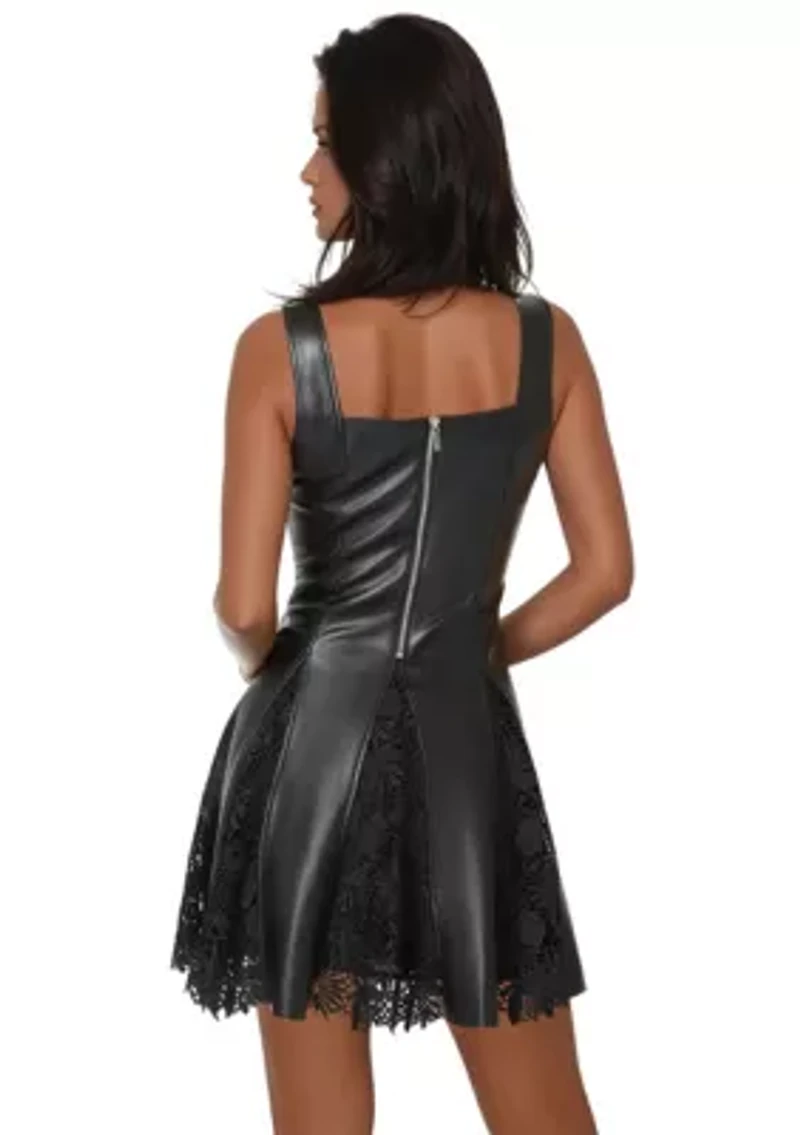 Faux Leather Lace Inset Flare Dress