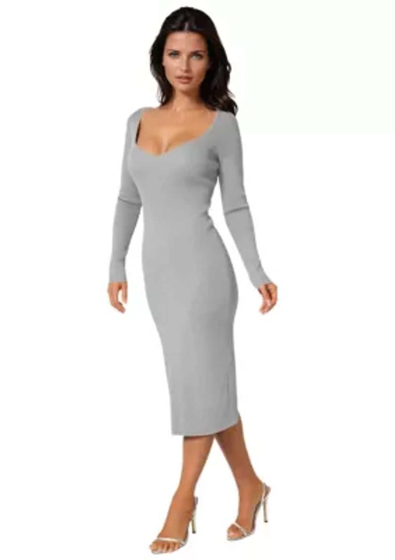 Long Sleeve V-Neck Midi Sweater Dress
