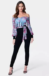Printed Mesh Off Shoulder Catsuit