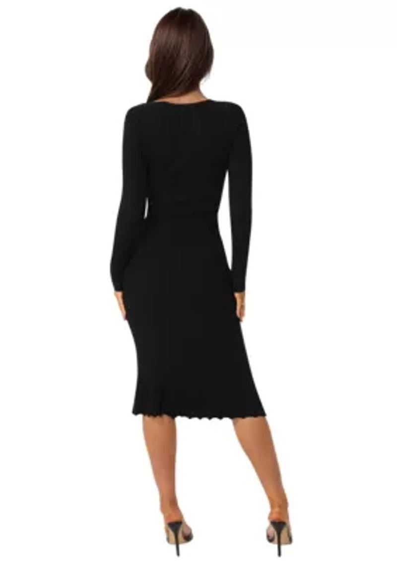 Button Front V-Neck Sweater Midi Dress