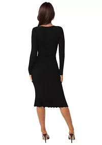 Button Front V-Neck Sweater Midi Dress