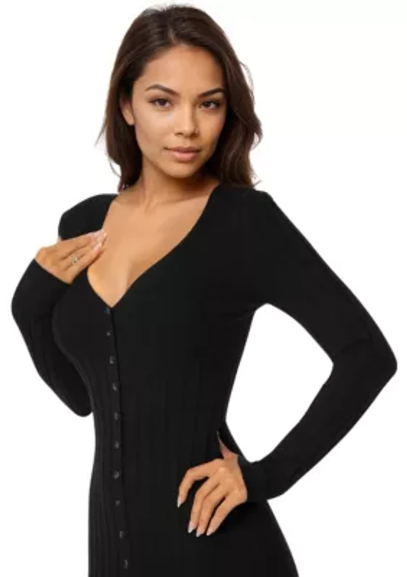 Button Front V-Neck Sweater Midi Dress