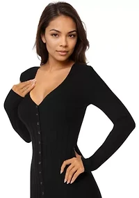 Button Front V-Neck Sweater Midi Dress