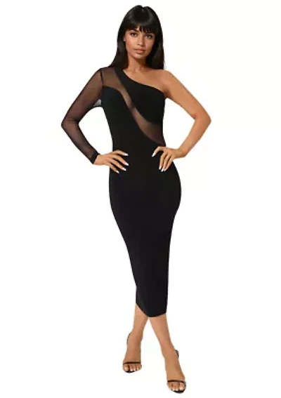 One Shoulder Mesh Insert Midi Dress