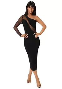 One Shoulder Mesh Insert Midi Dress