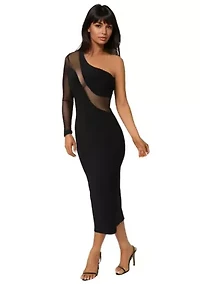 One Shoulder Mesh Insert Midi Dress