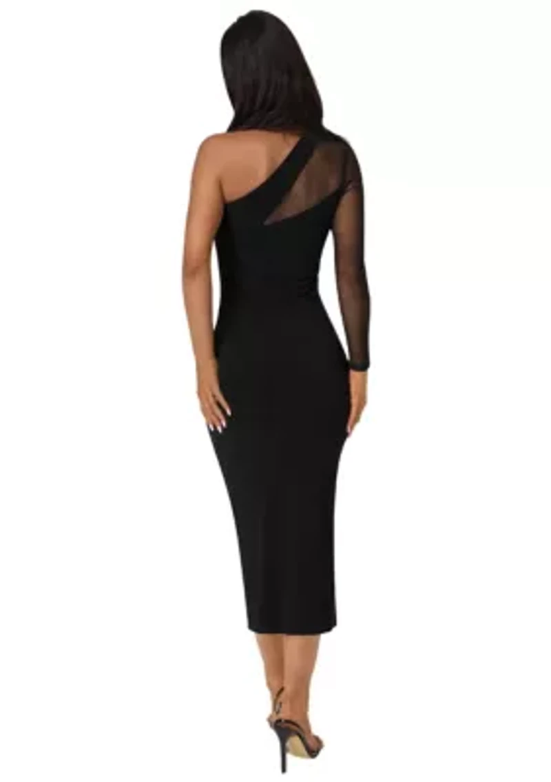 One Shoulder Mesh Insert Midi Dress